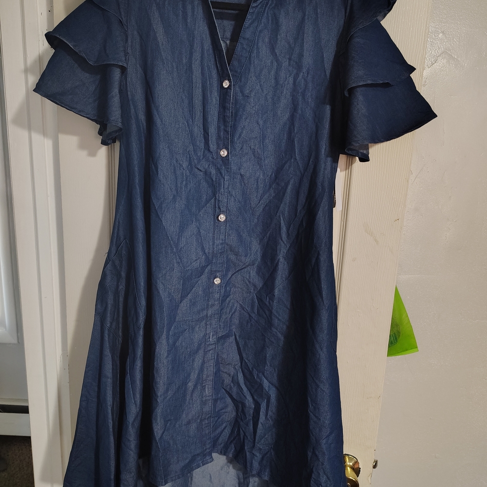 Chic Denim Blue Ruffle Sleeve High Low Dress